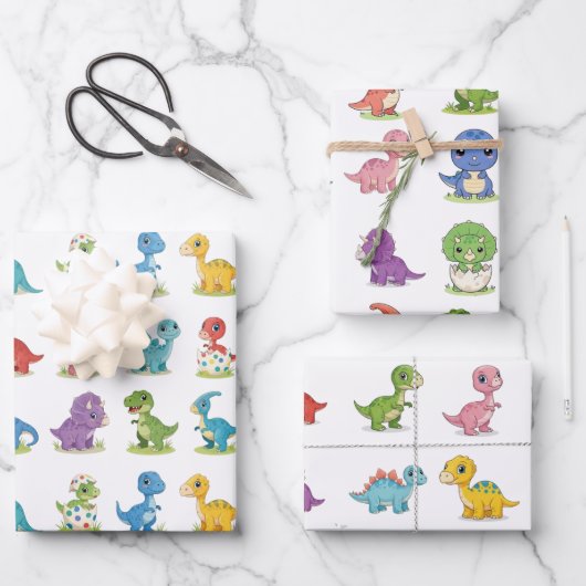 3 Cute Colorful Dino Pattern Birthday Wrap Sheets ラッピングペーパーシート (正面)