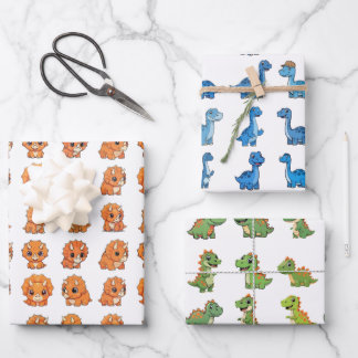 3 Cute Dinosaur Pattern Birthday Wrapping Paper Se ラッピングペーパーシート