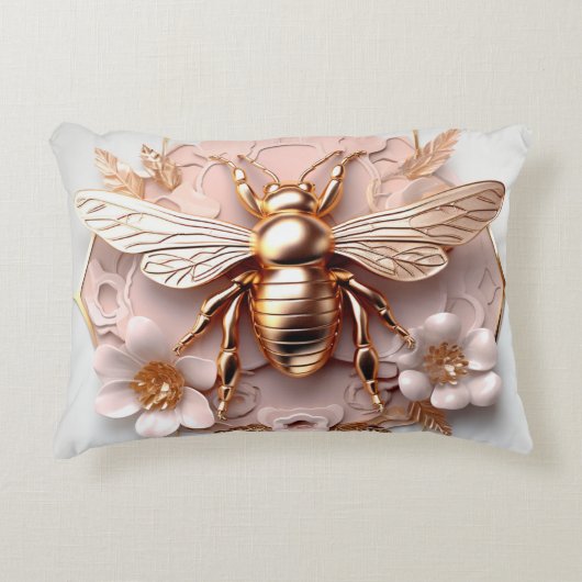 3-Dゴールデンビーとピンクのフローラアクセント枕 アクセントクッション (正面)