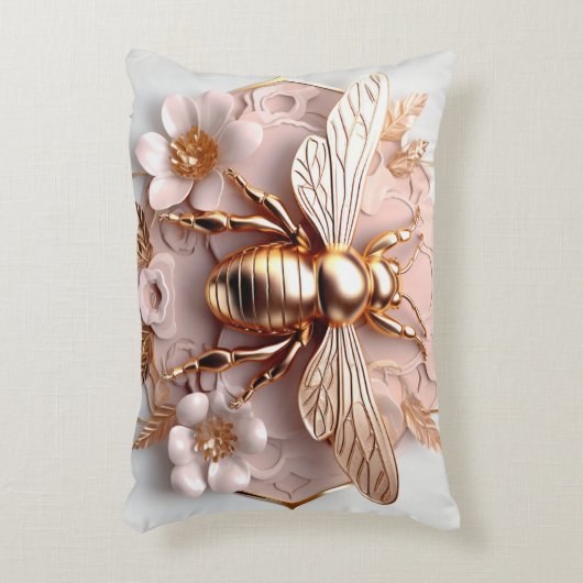 3-Dゴールデンビーとピンクのフローラアクセント枕 アクセントクッション (正面(垂直))