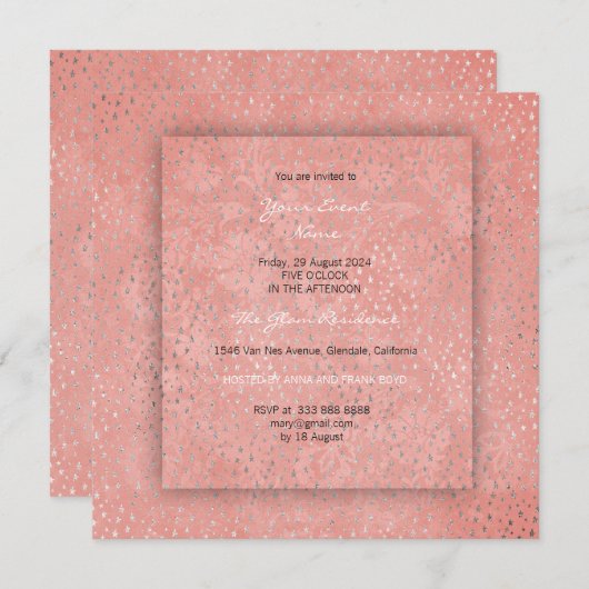 3-Dピーチコーラルシルバースターズダマスクブライダルシャワー 招待状 (正面/裏面)
