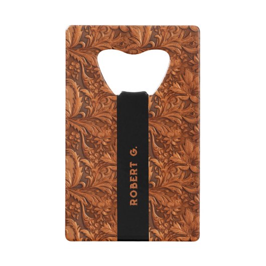 3-D茶色の工具付きフローラレザーパターン クレジットカード栓抜き (正面)