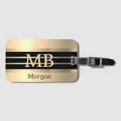 3-D金ゴールドモノグラム/名前、黒/金ゴールド、ストライプ金ゴールド ラゲッジタグ (正面横)