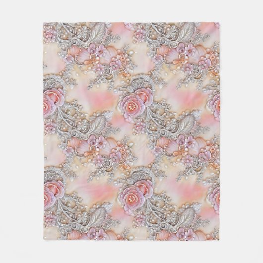 3-D銀幻惑とピンクのバラ模様 フリースブランケット (正面)
