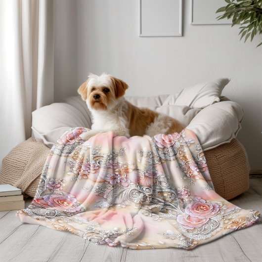 3-D銀幻惑とピンクのバラ模様 フリースブランケット