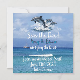 3 Dolphins Ocean Wedding Invite Seas the Day セーブザデート