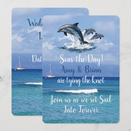3 Dolphins Ocean Wedding Invite Seas the Day 招待状 (正面/裏面)