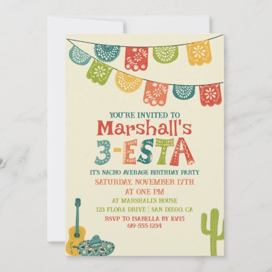 3-Esta Mexican Fiesta Themed 3rd Birthday Party 招待状 (正面)