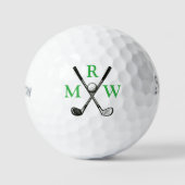 3 Green Initial Letters Crossed Clubs Monogram ゴルフボール (正面)