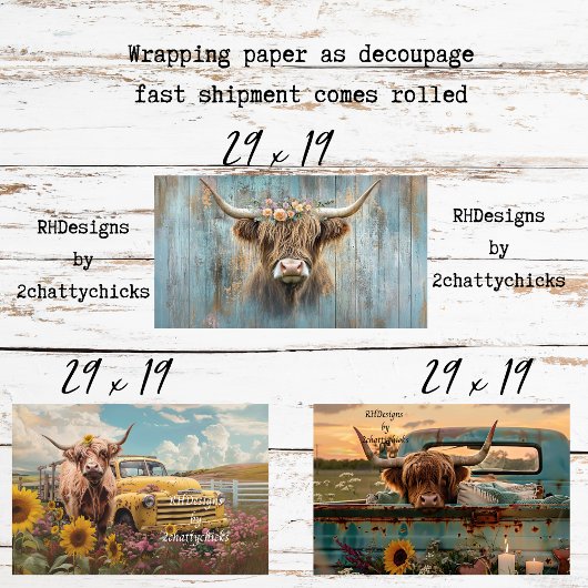 3 Highland Cow Charm Wrapping Paper for Decoupage  ラッピングペーパーシート