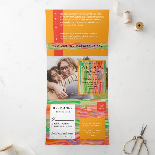 3 in 1 オレンジ フォト ウェディング 三つ折り招待状 (内部)