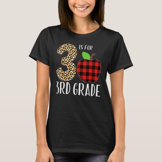 3 Is For 3rd Grade Teacher Leopard Buffalo Plaid S Tシャツ (正面)