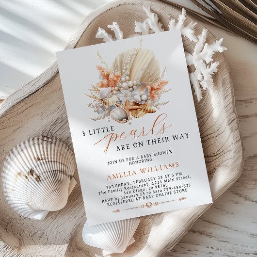 3 Little Pearls are on Their Way Baby Shower 招待状