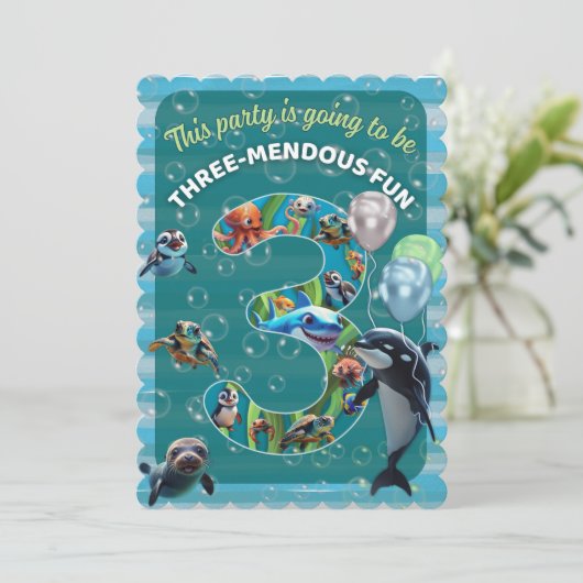 3-Mendous Fun フラット・スカロップ型バースデー招待状 招待状 (スタンド正面)