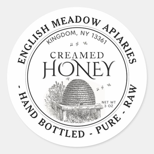 3 OZ CREAMED Honey Labelハンドボトル入り生の串 ラウンドシール (正面)