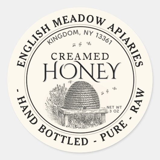 3 OZ CREAMED Honey Labelハンドボトル入り生 ラウンドシール (正面)