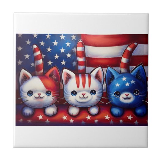3 Patriotic Kittens In A Scene With American Flag  タイル (正面)