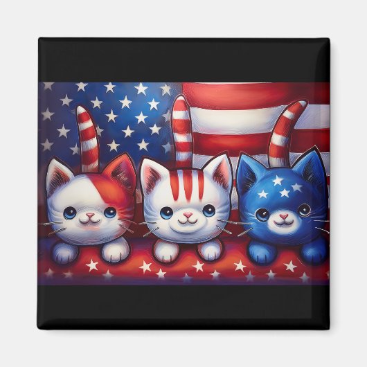 3 Patriotic Kittens With American Flag マグネット (正面)