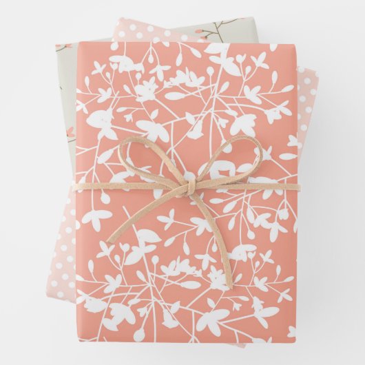 3 pcセットピーチとタンフローラとピンク水玉模様 ラッピングペーパーシート (インサイチュ)