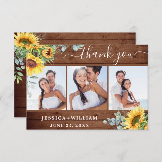 3 PHOTOひまわりユーカリ結婚ス素朴 サンキューカード (正面/裏面)