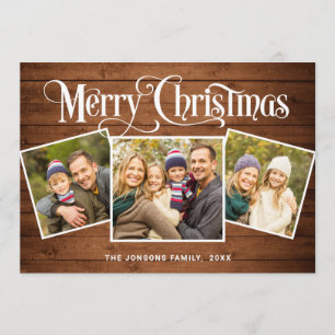 3 PHOTOクリスマスブラウン素朴ウッドの挨拶 シーズンカード
