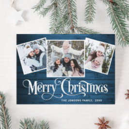 3 PHOTOクリスマスブルー素朴ウッドの挨拶 シーズンカード