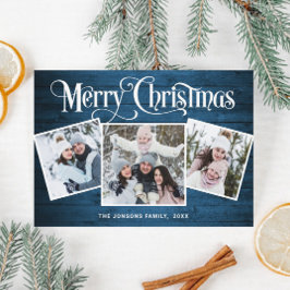 3 PHOTOクリスマスブルー素朴ウッドの挨拶 シーズンカード