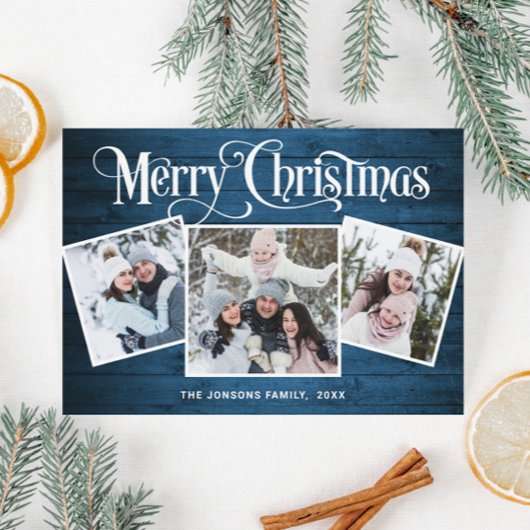 3 PHOTOクリスマスブルー素朴ウッドの挨拶 シーズンカード