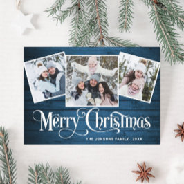 3 PHOTOクリスマスブルー素朴ウッドの挨拶 シーズンカード