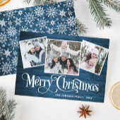 3 PHOTOクリスマスブルー素朴ウッドの挨拶 シーズンカード