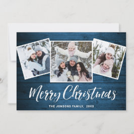 3 PHOTOクリスマスブルー素朴ウッドの挨拶 シーズンカード