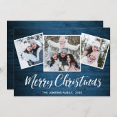 3 PHOTOクリスマスブルー素朴ウッドの挨拶 シーズンカード (正面/裏面)