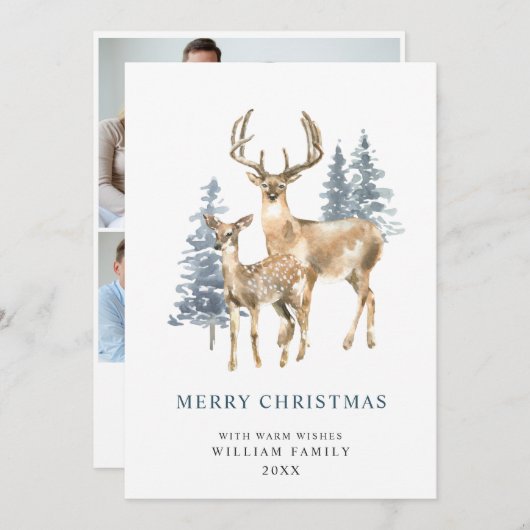 3 PHOTOミニマリストエレガント鹿クリスマスツリー シーズンカード (正面/裏面)