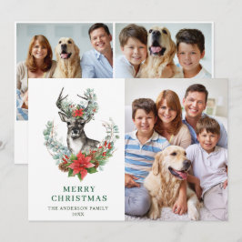 3 PHOTO エレガント Christmas Deer Poinsettia Greeting シーズンカード