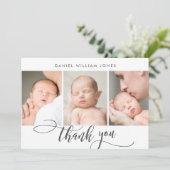 3 Photo モダン Script生まれたばかりのベビー サンキューカード (スタンド正面)