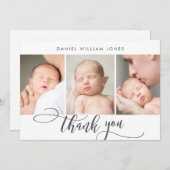 3 Photo モダン Script生まれたばかりのベビー サンキューカード (正面/裏面)