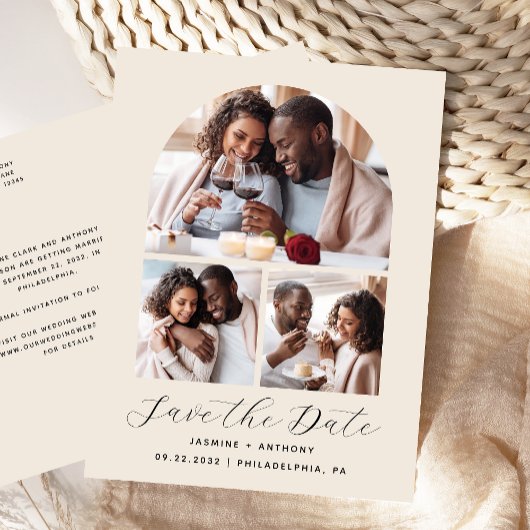 3-Photo Arch Collage Beige日付を保存 ポストカード