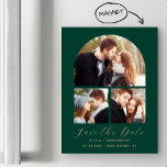 3-Photo Arch Emerald Green金ゴールド保存日 マグネット招待状<br><div class="desc">このミニマルシンプルリストSave the Date magnetic cardは、金ゴールド色の手書きスクリプトの「Save the Date」という単語の上に、エメラルドの緑の背景にエレガント、カップルの名前と結婚sans serifフォントの日付と都市で後を追、3写真のコラージュのアーチを備えている。</div>