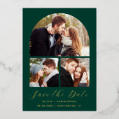 3-Photo Arch Emerald Green金ゴールド保存日 箔招待状 (正面)