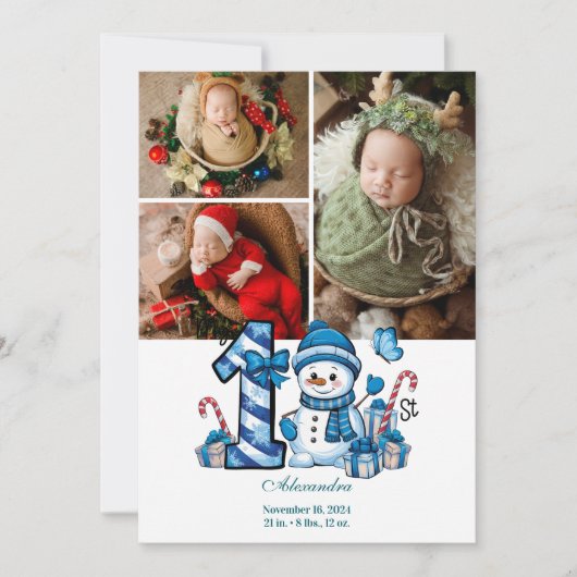 3 Photo Blue Snowman First Christmas シーズンカード (正面)