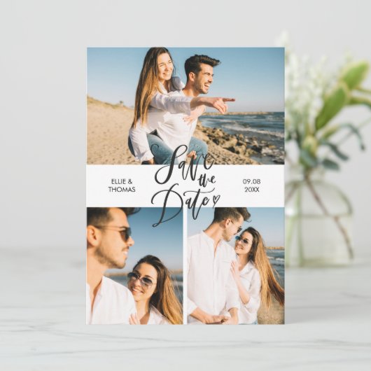 3 Photo Collage モダン Script日付の保存 招待状 (スタンド正面)