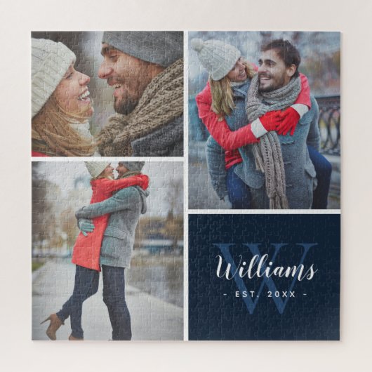 3 Photo Collage and Custom Monogram | Navy ジグソーパズル (縦)