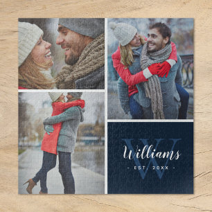 3 Photo Collage and Custom Monogram Navy ジグソーパズル