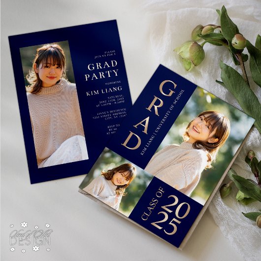 3 Photo Collage Blue & Beige卒業パーティー 招待状
