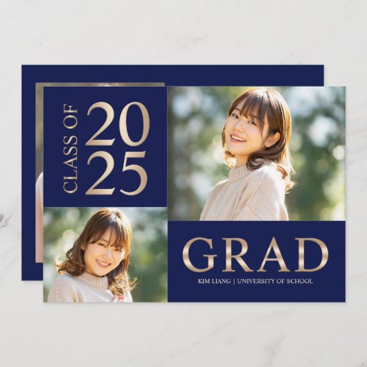 3 Photo Collage Blue & Beige卒業パーティー 招待状 (正面/裏面)