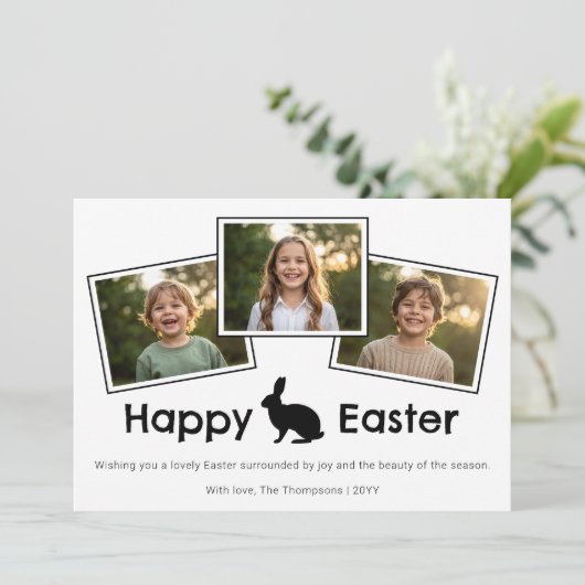 3 Photo Collage Bold Black Happy Easter With Bunny カード (スタンド正面)