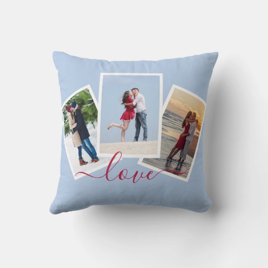 3 Photo Collage Love Red Script Light Blue クッション (裏面)