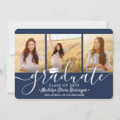 3 Photo Collage Navy Blue & White Graduation Party 招待状 (正面)