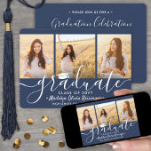 3 Photo Collage Navy Blue & White Graduation Party 招待状