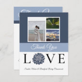3 Photo collage Navy Dusty Blue Flower 結婚's サンキューカード (正面/裏面)